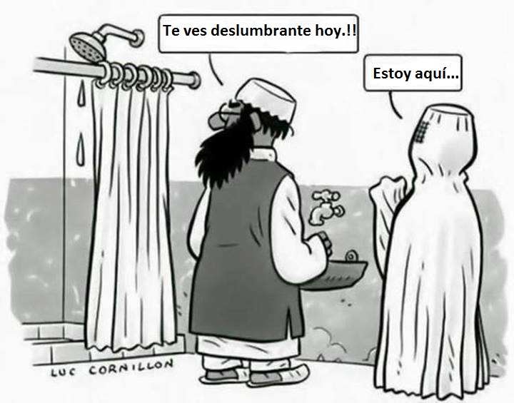 Moro confunde cortina con esposa con burka caricatura