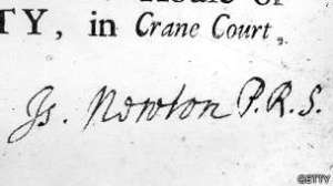 Firma de Isaac Newton en una invitación de la Royal Society cuando ya era presidente. 
