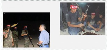 A la derecha: Participantes en el campamento de verano del brazo militar del FDLP. A la izquierda: Visita de Ziyad Jarghoun, miembro de la oficina política del FDLP,  a los activistas del brazo militar en el norte de la Franja (página facebook de las brigadas de la resistencia nacional, 26 de agosto de 2015)